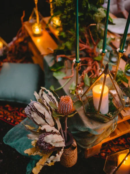 Wedding table with candles and floristic. Wedding rustic dinner