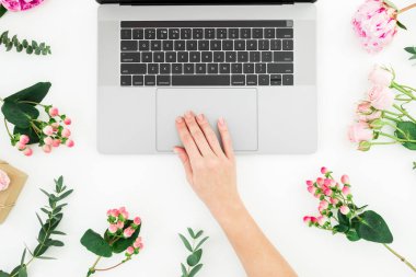 Dizüstü bilgisayarda yazarak kadın. Eller, dizüstü bilgisayar, dizüstü bilgisayar ve beyaz arka plan üzerinde pembe çiçekler güzel çalışma alanı. Üstten görünüm. Düz yatıyordu.