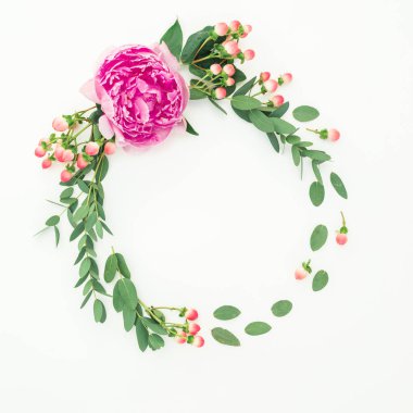 Beyaz arka plan üzerinde pembe şakayık çiçek, hypericum ve okaliptüs ile yuvarlak çerçeve. Düz döşeme, üst görünüm