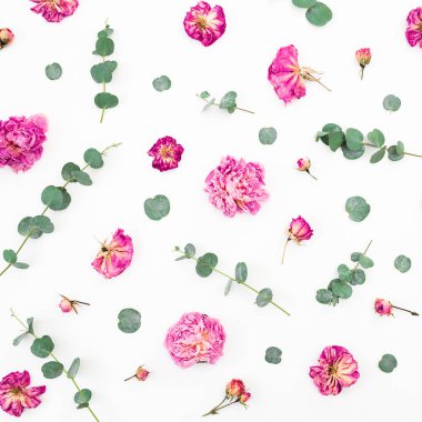 Floral pattern of dried pink flowers and eucalyptus branches on white background. Flat lay, top view. Valentines day background