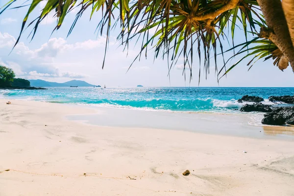 Tropical beach with sand and blue ocean wave in island