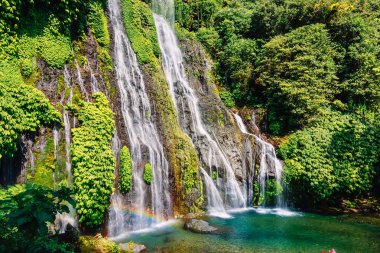Şelale mavi su ve tropik ada gökkuşağı ile. Bali, Endonezya