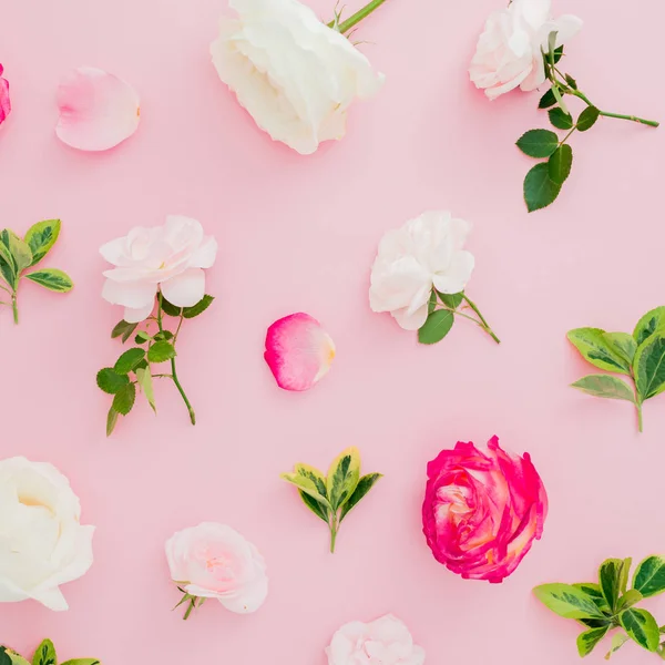 Patrón Floral Con Flores Rosas Blancas Rojas Sobre Fondo Rosa — Foto de Stock