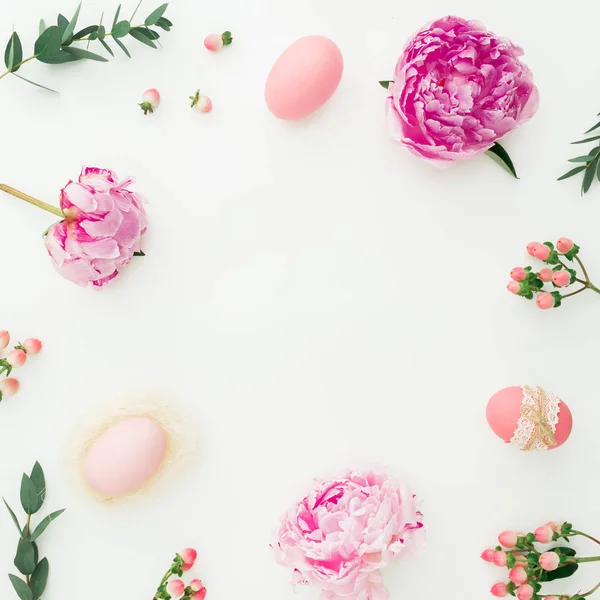 Ester Composition Eggs Pink Peonies Hypericum Eucalyptus Branches White Background — Stock Photo, Image