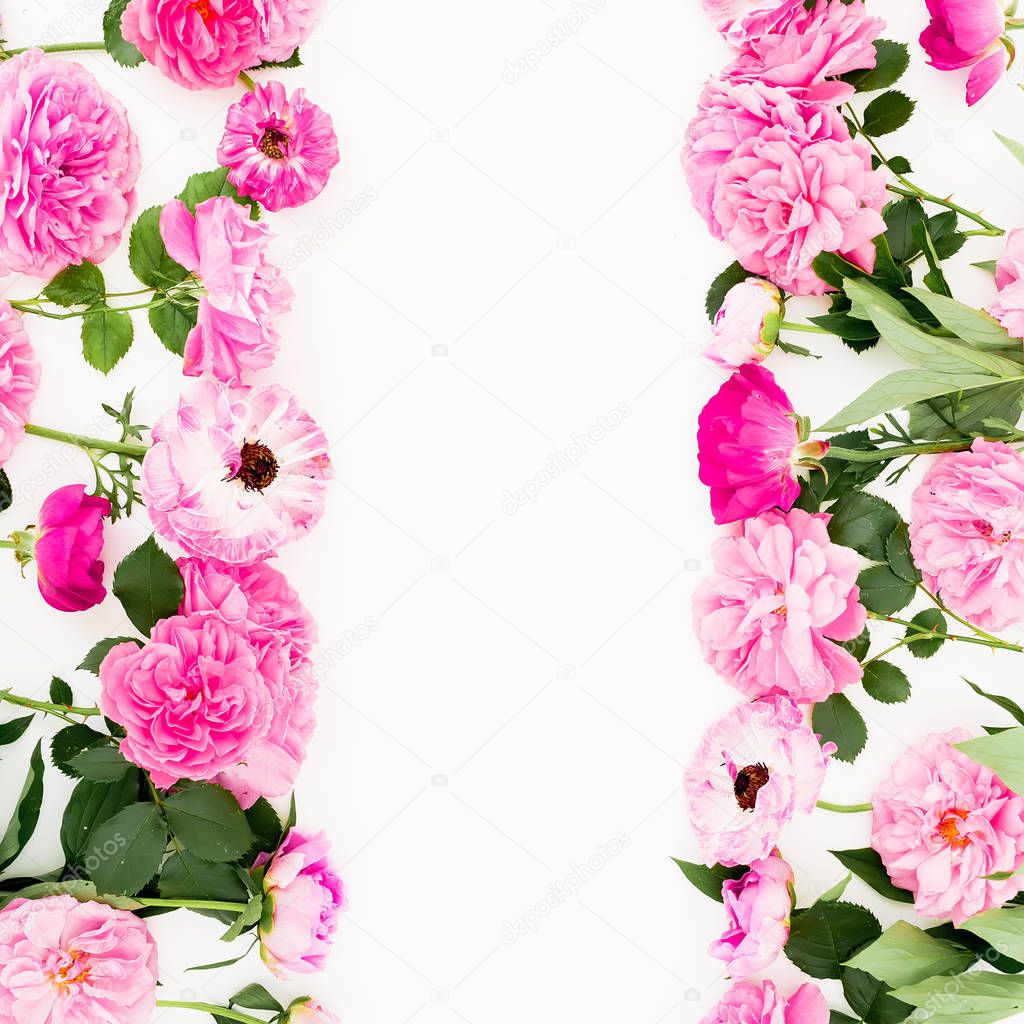 Frame of pink ranunculus flowers, roses and leaves on white background. Floral lifestyle composition. Flat lay, top view.