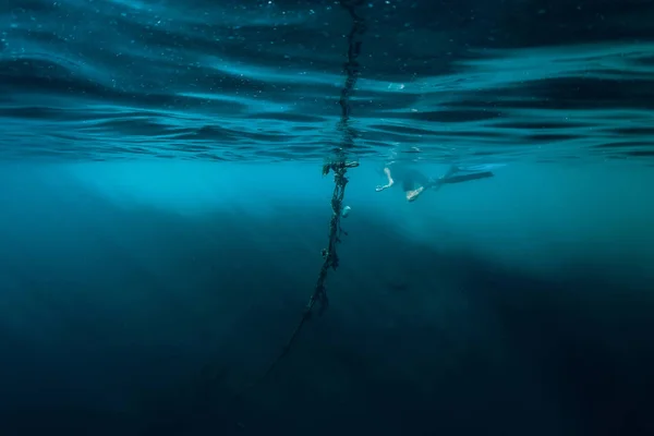 Uomo Subacqueo Libero Nuotare Nell Oceano Sott Acqua — Foto Stock