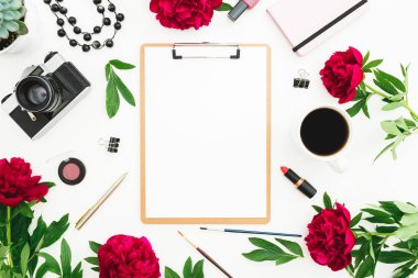Çalışma alanı Pano, günlüğü, kırmızı Şakayık çiçekleri, retro kamera ve aksesuarları üzerinde beyaz arka plan ile. Düz yatıyordu, en iyi görünüm. Güzellik blog kavramı
