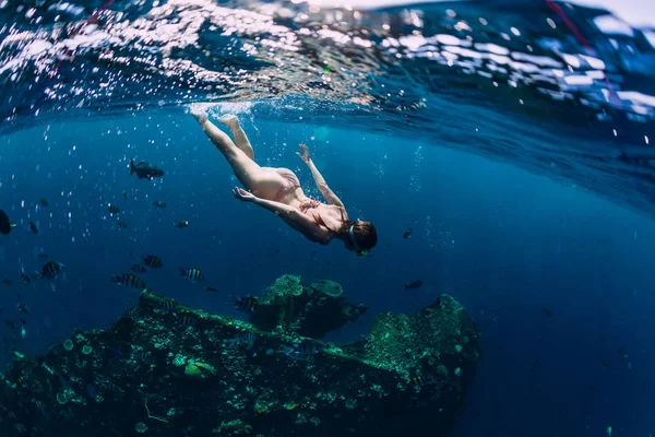 難破船で熱帯の海でビキニ Swin の女性フリーダイバー — ストック写真