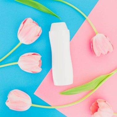 Pembe ve mavi arka plan üzerinde şampuan şişesi ve Lale çiçekler. Düz yatıyordu