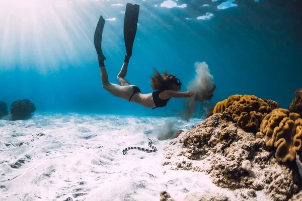Junge Freitaucherin Mit Flossen Korallennähe Über Sandiges Meer Und Seeschlange — Stockfoto