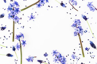 Desen yaptı mavi bahar çiçekleri ve yaprakları, çiçek desenli beyaz arka plan üzerinde. Düz yatıyordu, en iyi görünümü.