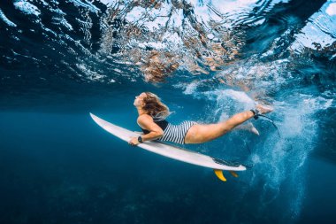 Sörfçü kadın dalış sualtı. Surfgirl dalış büyük dalga altında