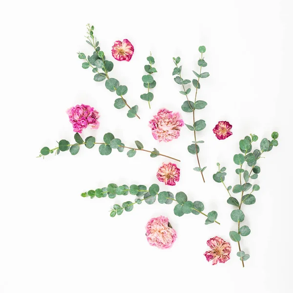 Floral Samenstelling Van Roze Bloemen Eucalyptus Takken Witte Achtergrond Plat — Stockfoto