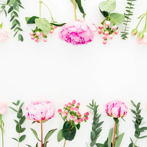 Цветочные Рамки Розовых Пионов Роз Гиперикума Эвкалипта Белом Фоне Плоский — стоковое фото