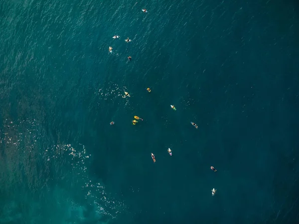 Surfers Met Surfplanken Oceaan Wachten Golf Luchtfoto — Stockfoto