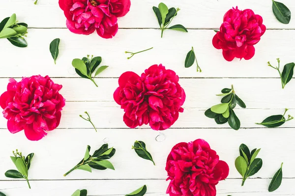 Composición Del Patrón Floral Flores Peonía Roja Hojas Sobre Fondo — Foto de Stock