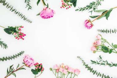 Beyaz arka planda pembe peonies, Hypericum ve güller çiçekler ile çiçek çerçevesi. Düz yatıyordu, üst görünüm