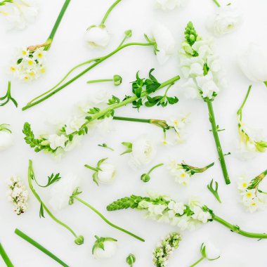 Beyaz arka planda beyaz bahar çiçekleri çiçek deseni. Düz yatma