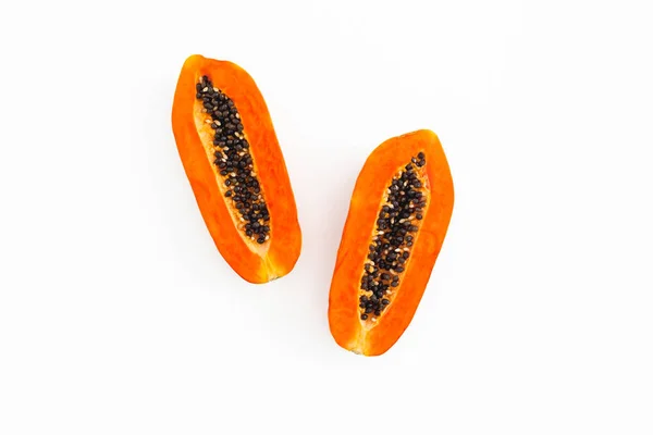Ízletes Papaya Szeletek Fehér Háttéren Lapos Feküdt Felülnézet — Stock Fotó