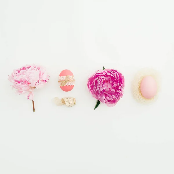 Ester Festive Composition Eggs Pink Peonies Flowers White Background Flat — Stock Photo, Image