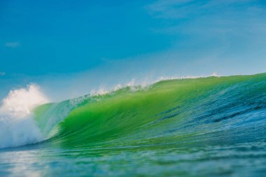 Okyanusta büyük yeşil dalga. Bali'de dalga dalga