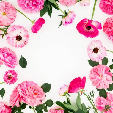 Beyaz arka plan üzerinde pembe çiçekler çiçek çerçeve. Düz yatıyordu, Üstten bak. Çiçek dokusu.