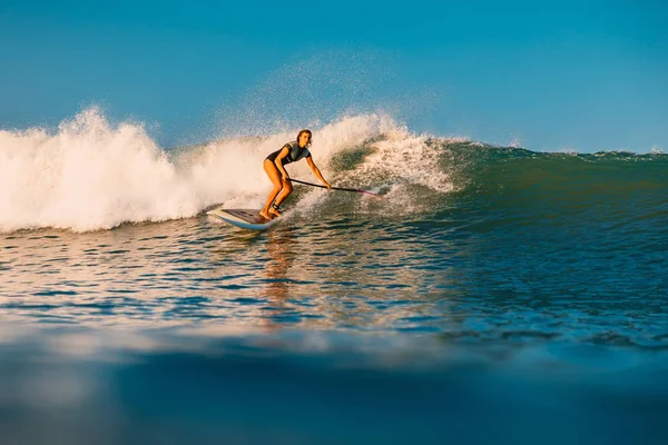 April 2019 Bali Indonesia Stand Paddle Surfer Ride Ocean Wave — Stock Photo, Image