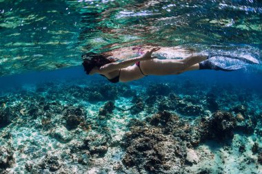 Kadın serbest dalgıç mercan resifinde yüzgeçleriyle süzülüyor.