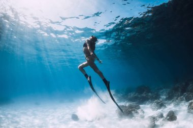 Kadın serbest dalgıç kumlu denizde yüzgeçleriyle süzülüyor. Okyanusta serbest dalış