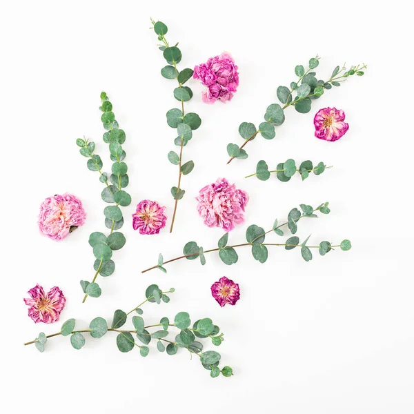 Composition Florale Avec Des Fleurs Rose Séchées Des Branches Eucalyptus — Photo