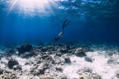 Kadın freediver mavi okyanusta yüzgeçleri ile mercan alt üzerinde süzülür.