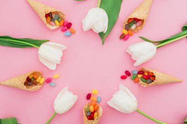 Çerçeve waffle konileri ve pembe arka plan üzerinde beyaz lale çiçekleri şeker şeker yapılmış. Düz yatıyordu