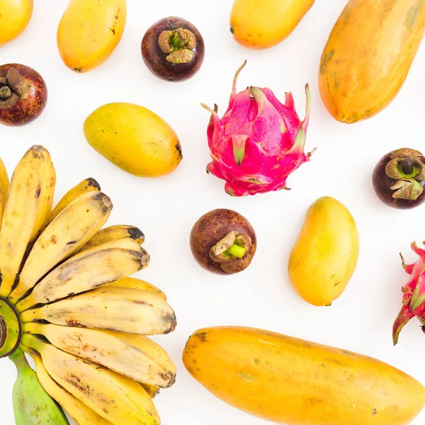 Φρούτα Φόντο Της Μπανάνας Παπάγια Κίτρινο Μάνγκο Μανγκόστιν Και Φρούτα — Φωτογραφία Αρχείου