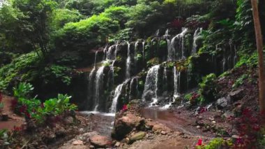 Tropik ormanlarda şelale. Bali, Endonezya. Havadan görünüm