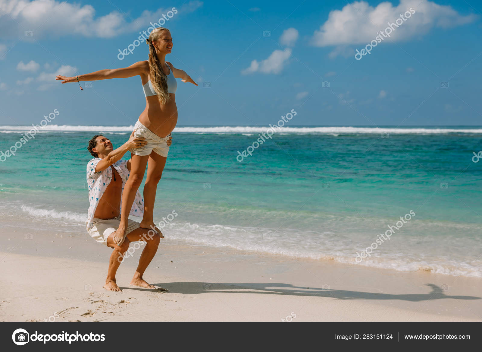 Pregnant Young Woman Husband Expecting Baby Yoga Pose Tropical