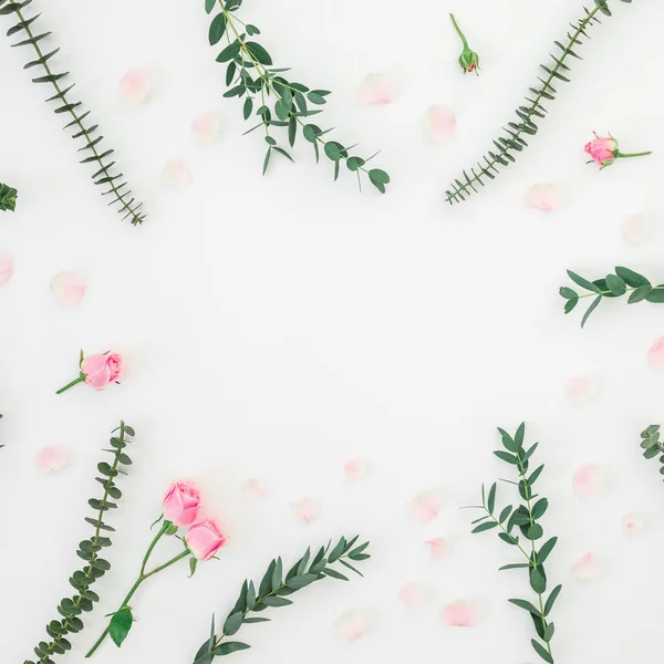 Цветочная Рамка Цветов Роз Эвкалиптовых Ветвей Белом Плоский Вид Сверху — стоковое фото