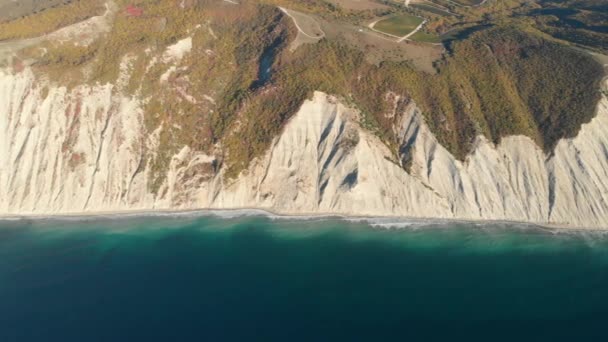 Aerial View Rocky Shore Cliff Blue Sea — Stock Video