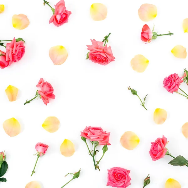Padrão floral de flores de rosas em fundo branco. Espaço de cópia . — Fotografia de Stock
