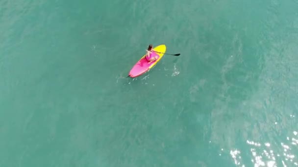 Luchtfoto Van Vrouw Stand Paddle Board Blue Ocean — Stockvideo