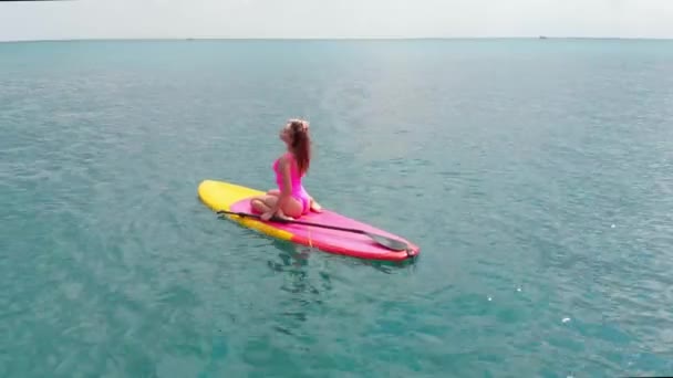 Mavi Okyanusta Kürek Tahtası Ayağa Kalk Kadın Havadan Görünümü — Stok video