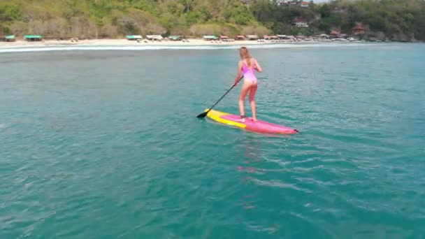 Luchtfoto Van Vrouw Stand Paddle Board Blue Ocean — Stockvideo