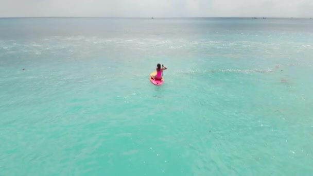 Vue Aérienne Femme Debout Planche Pagaie Dans Océan Bleu — Video