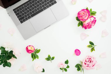 Dizüstü bilgisayar, beyaz arka planda gül çiçekleri ve yaprakları. Düz yatıyordu. 