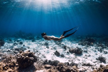 Mavi denizde mercanlar üzerinde süzülür yüzgeçleri ile ücretsiz dalgıç kadın.