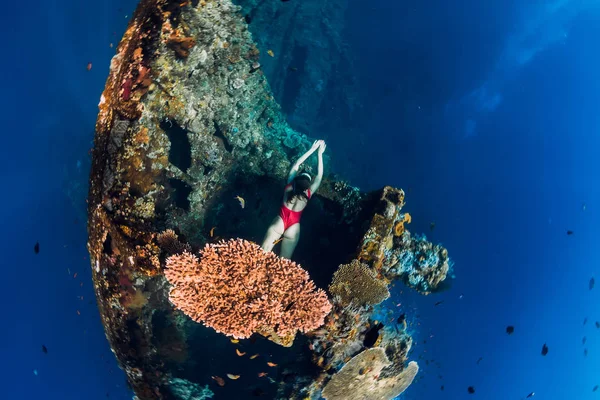 Freitaucherin schwimmt am Wrack Freitauchen im blauen Ozean — Stockfoto