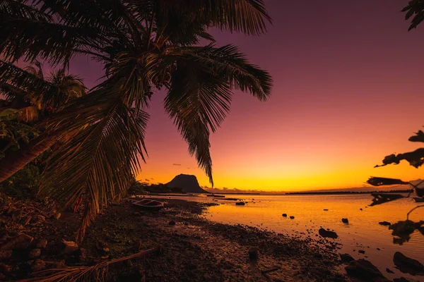 Barca da pesca e palma da cocco all'ora del tramonto. Montagna Le Morn i — Foto Stock