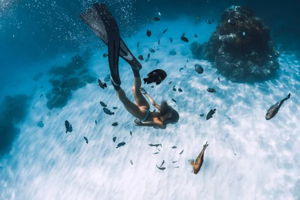 Девушка-фридайвер с плавниками скользит по песчаному дну с рыбами в — стоковое фото