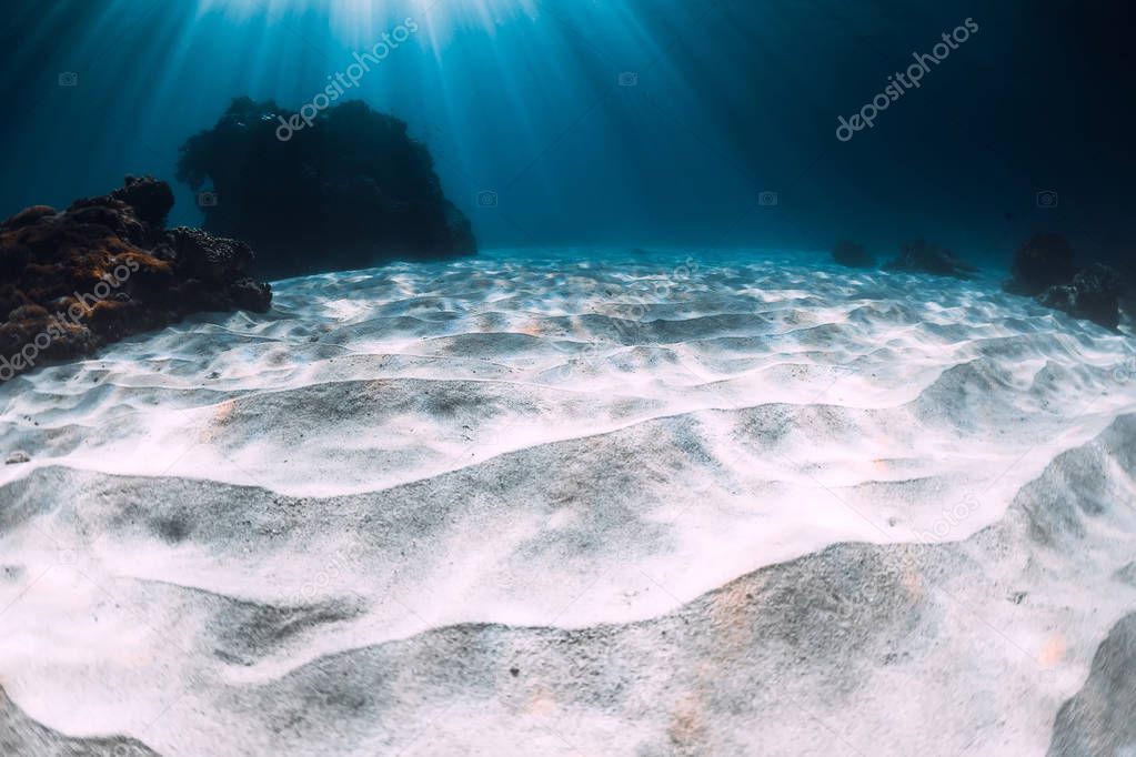 Tropical transparent ocean with white sand and coral reef