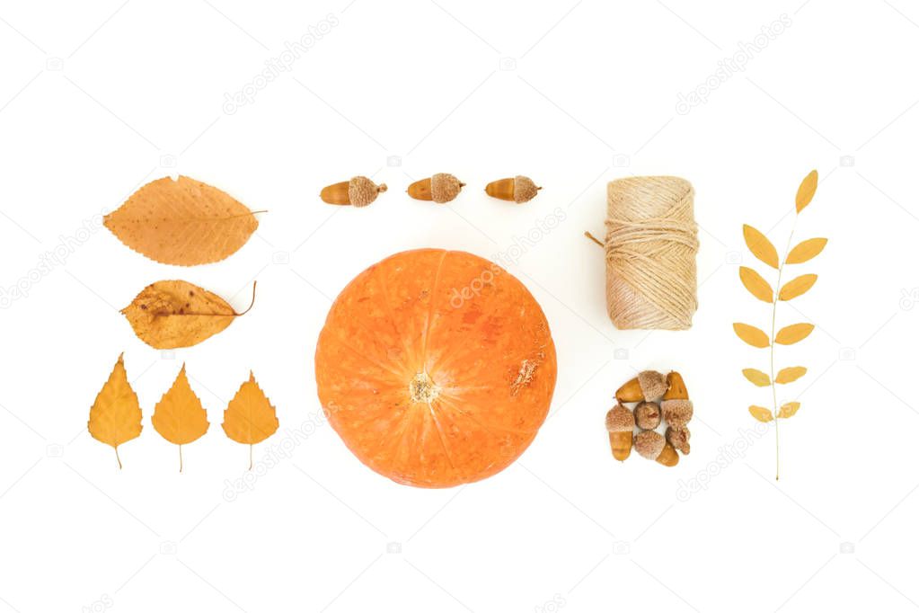 Autumn fall leaves, pumpkins and acorns with twine on white back