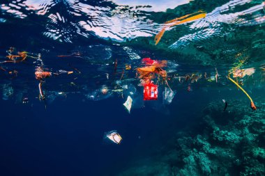 28 Ağustos 2018. Bali, Endonezya. Plastikle sualtı okyanusu 